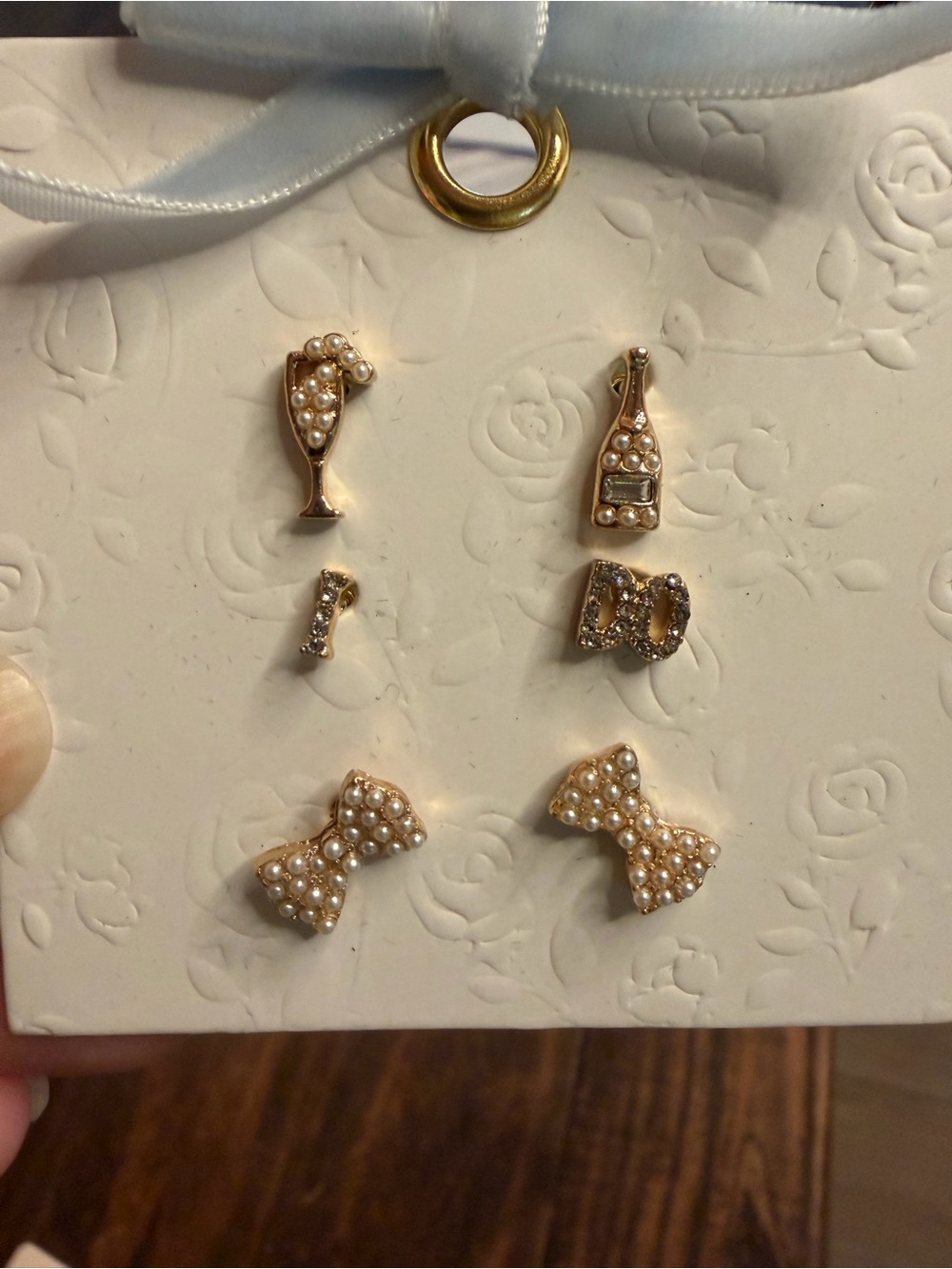 Gold BRIDE Pearl Champagne & Bow Stud Earring Set